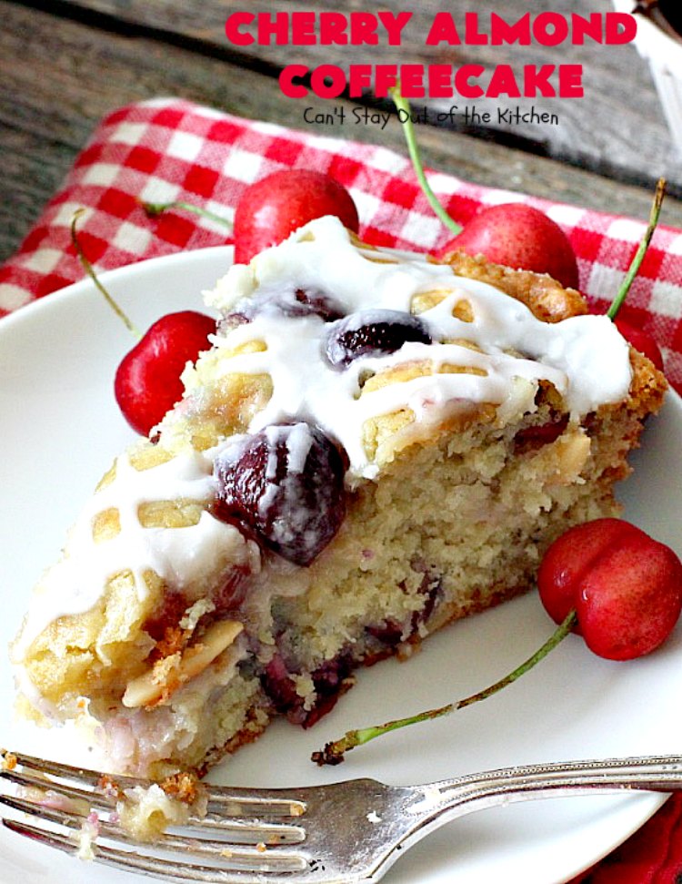 Cherry Almond Coffeecake | Can't Stay Out of the Kitchen | favorite #cherry #coffeecake recipe with #almonds & #coconut. Perfect #breakfast idea for the #FourthofJuly.
