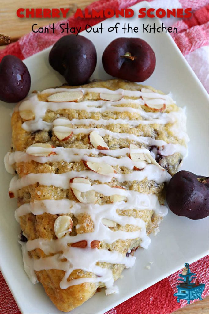 Cherry Almond Scones | Can't Stay Out of the Kitchen | #CherryAlmondScones are outrageously good & terrific for any kind of company or #holiday #breakfast like #Thanksgiving, #Christmas or #ValentinesDay. These #scones are filled with #cherries, #AlmondExtract & #almonds & glazed with a luscious #almond icing. Every bite will have you swooning! #HolidayBreakfast
