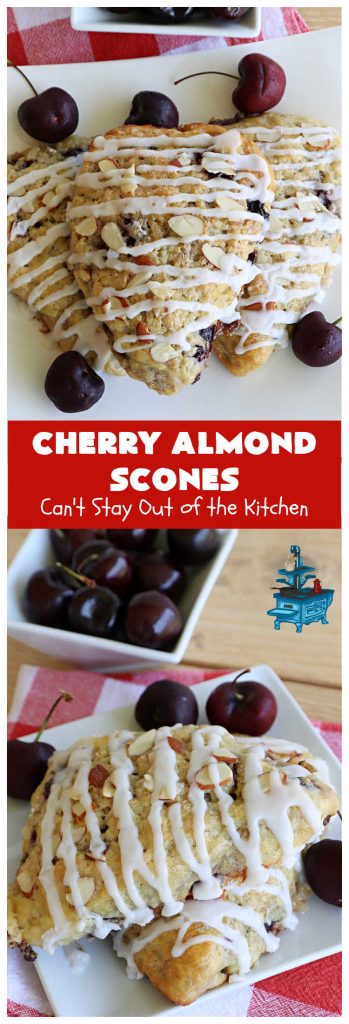Cherry Almond Scones | Can't Stay Out of the Kitchen | indulge yourself with these fantastic #scones for your next weekend, company or #holiday #breakfast. These include #cherries, #almonds & #AlmondExtract in the scones & batter to amp up the flavors. They're rich & decadent & sweet enough to be served for #dessert! #HolidayBreakfast #CherryAlmondScones