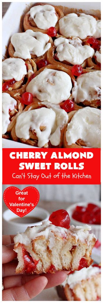 Cherry Almond Sweet Rolls | Can't Stay Out of the Kitchen | these fantastic #SweetRolls are kneaded in the #breadmaker, making them so, so easy to whip up for your family & friends. #Cherries & #almonds make these mouthwatering sweet rolls absolutely drool-worthy! Perfect for #ValentinesDay, #holidays or anytime you're serving #breakfast or #brunch. #CinnamonRolls #ValentinesDayBreakfast #NoKneadRecipe! #NoKneadSweetRolls #CherryAlmondSweetRolls