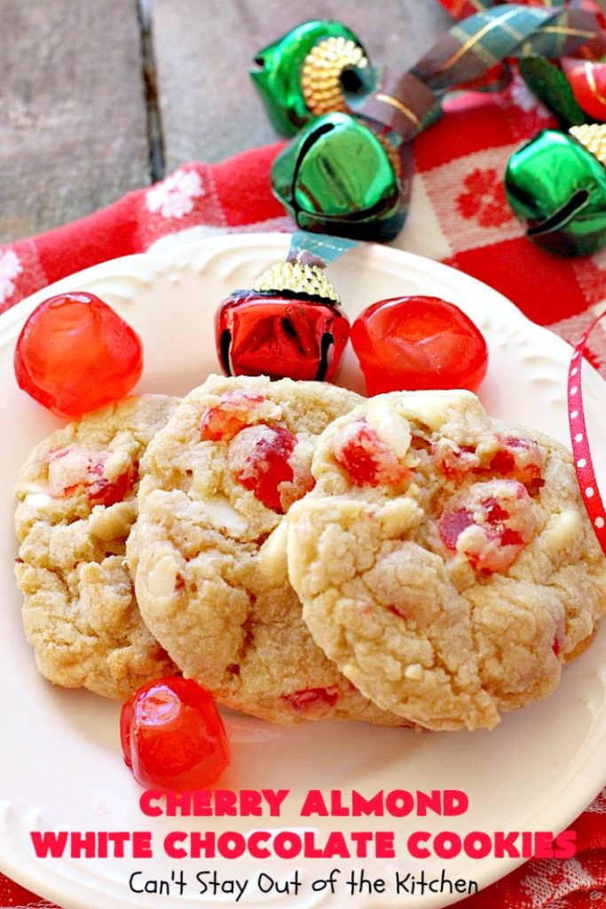 Cherry Almond White Chocolate Cookies | Can't Stay Out of the Kitchen | these terrific #cookies are perfect for the #holidays. They're festive & beautiful along with being so scrumptious. #cherries #almonds #chocolate #dessert