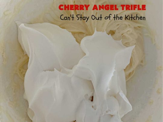 Cherry Angel Trifle | Can't Stay Out of the Kitchen | If you want a rave #dessert to make for the #holidays, this is it! This scrumptious, swoon-worthy #5IngredientRecipe is all you could ask for in a #CherryDessert. Whip it up in 10 minutes & your family & friends will drool for days! #CherryPieFilling #AngelFoodCake #CreamCheese #HolidayDessert #CherryAngelDessert #CherryAngelTrifle