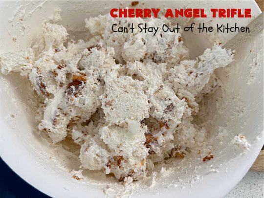 Cherry Angel Trifle | Can't Stay Out of the Kitchen | If you want a rave #dessert to make for the #holidays, this is it! This scrumptious, swoon-worthy #5IngredientRecipe is all you could ask for in a #CherryDessert. Whip it up in 10 minutes & your family & friends will drool for days! #CherryPieFilling #AngelFoodCake #CreamCheese #HolidayDessert #CherryAngelDessert #CherryAngelTrifle