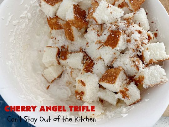 Cherry Angel Trifle | Can't Stay Out of the Kitchen | If you want a rave #dessert to make for the #holidays, this is it! This scrumptious, swoon-worthy #5IngredientRecipe is all you could ask for in a #CherryDessert. Whip it up in 10 minutes & your family & friends will drool for days! #CherryPieFilling #AngelFoodCake #CreamCheese #HolidayDessert #CherryAngelDessert #CherryAngelTrifle