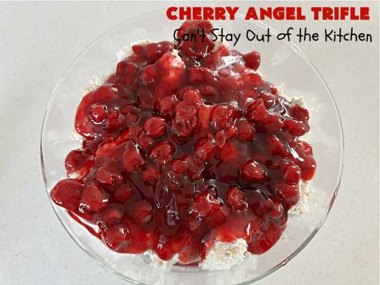 Cherry Angel Trifle | Can't Stay Out of the Kitchen | If you want a rave #dessert to make for the #holidays, this is it! This scrumptious, swoon-worthy #5IngredientRecipe is all you could ask for in a #CherryDessert. Whip it up in 10 minutes & your family & friends will drool for days! #CherryPieFilling #AngelFoodCake #CreamCheese #HolidayDessert #CherryAngelDessert #CherryAngelTrifle