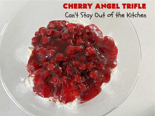 Cherry Angel Trifle | Can't Stay Out of the Kitchen | If you want a rave #dessert to make for the #holidays, this is it! This scrumptious, swoon-worthy #5IngredientRecipe is all you could ask for in a #CherryDessert. Whip it up in 10 minutes & your family & friends will drool for days! #CherryPieFilling #AngelFoodCake #CreamCheese #HolidayDessert #CherryAngelDessert #CherryAngelTrifle