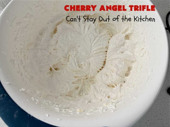 Cherry Angel Trifle | Can't Stay Out of the Kitchen | If you want a rave #dessert to make for the #holidays, this is it! This scrumptious, swoon-worthy #5IngredientRecipe is all you could ask for in a #CherryDessert. Whip it up in 10 minutes & your family & friends will drool for days! #CherryPieFilling #AngelFoodCake #CreamCheese #HolidayDessert #CherryAngelDessert #CherryAngelTrifle