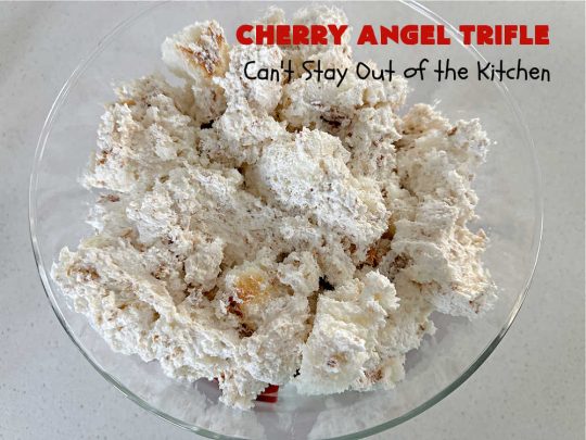 Cherry Angel Trifle | Can't Stay Out of the Kitchen | If you want a rave #dessert to make for the #holidays, this is it! This scrumptious, swoon-worthy #5IngredientRecipe is all you could ask for in a #CherryDessert. Whip it up in 10 minutes & your family & friends will drool for days! #CherryPieFilling #AngelFoodCake #CreamCheese #HolidayDessert #CherryAngelDessert #CherryAngelTrifle