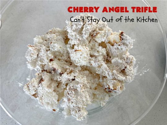 Cherry Angel Trifle | Can't Stay Out of the Kitchen | If you want a rave #dessert to make for the #holidays, this is it! This scrumptious, swoon-worthy #5IngredientRecipe is all you could ask for in a #CherryDessert. Whip it up in 10 minutes & your family & friends will drool for days! #CherryPieFilling #AngelFoodCake #CreamCheese #HolidayDessert #CherryAngelDessert #CherryAngelTrifle