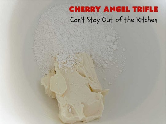 Cherry Angel Trifle | Can't Stay Out of the Kitchen | If you want a rave #dessert to make for the #holidays, this is it! This scrumptious, swoon-worthy #5IngredientRecipe is all you could ask for in a #CherryDessert. Whip it up in 10 minutes & your family & friends will drool for days! #CherryPieFilling #AngelFoodCake #CreamCheese #HolidayDessert #CherryAngelDessert #CherryAngelTrifle