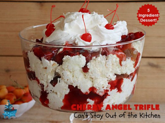 Cherry Angel Trifle | Can't Stay Out of the Kitchen | If you want a rave #dessert to make for the #holidays, this is it! This scrumptious, swoon-worthy #5IngredientRecipe is all you could ask for in a #CherryDessert. Whip it up in 10 minutes & your family & friends will drool for days! #CherryPieFilling #AngelFoodCake #CreamCheese #HolidayDessert #CherryAngelDessert #CherryAngelTrifle