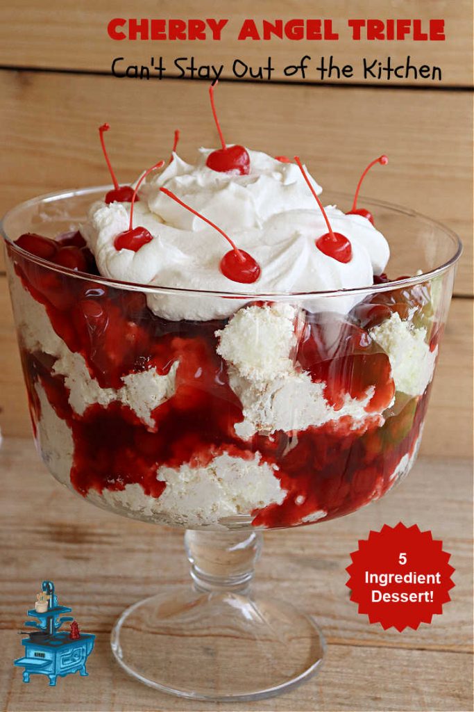 Cherry Angel Trifle | Can't Stay Out of the Kitchen | If you want a rave #dessert to make for the #holidays, this is it! This scrumptious, swoon-worthy #5IngredientRecipe is all you could ask for in a #CherryDessert. Whip it up in 10 minutes & your family & friends will drool for days! #CherryPieFilling #AngelFoodCake #CreamCheese #HolidayDessert #CherryAngelDessert #CherryAngelTrifleCherry Angel Trifle | Can't Stay Out of the Kitchen | If you want a rave #dessert to make for the #holidays, this is it! This scrumptious, swoon-worthy #5IngredientRecipe is all you could ask for in a #CherryDessert. Whip it up in 10 minutes & your family & friends will drool for days! #CherryPieFilling #AngelFoodCake #CreamCheese #HolidayDessert #CherryAngelDessert #CherryAngelTrifle