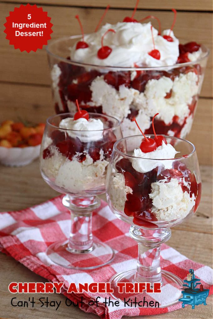 Cherry Angel Trifle | Can't Stay Out of the Kitchen | If you want a rave #dessert to make for the #holidays, this is it! This scrumptious, swoon-worthy #5IngredientRecipe is all you could ask for in a #CherryDessert. Whip it up in 10 minutes & your family & friends will drool for days! #CherryPieFilling #AngelFoodCake #CreamCheese #HolidayDessert #CherryAngelDessert #CherryAngelTrifle