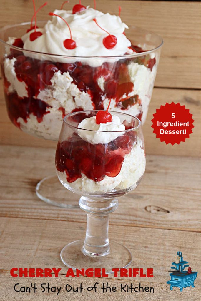 Cherry Angel Trifle | Can't Stay Out of the Kitchen | If you want a rave #dessert to make for the #holidays, this is it! This scrumptious, swoon-worthy #5IngredientRecipe is all you could ask for in a #CherryDessert. Whip it up in 10 minutes & your family & friends will drool for days! #CherryPieFilling #AngelFoodCake #CreamCheese #HolidayDessert #CherryAngelDessert #CherryAngelTrifle