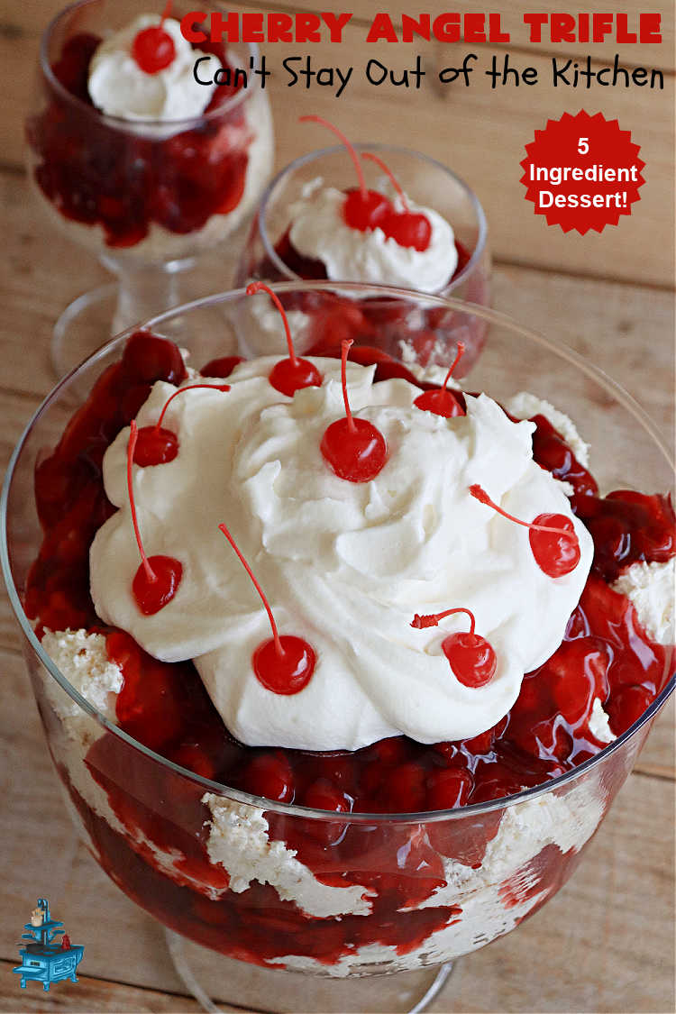 Cherry Angel Trifle | Can't Stay Out of the Kitchen | If you want a rave #dessert to make for the #holidays, this is it! This scrumptious, swoon-worthy #5IngredientRecipe is all you could ask for in a #CherryDessert. Whip it up in 10 minutes & your family & friends will drool for days! #CherryPieFilling #AngelFoodCake #CreamCheese #HolidayDessert #CherryAngelDessert #CherryAngelTrifle