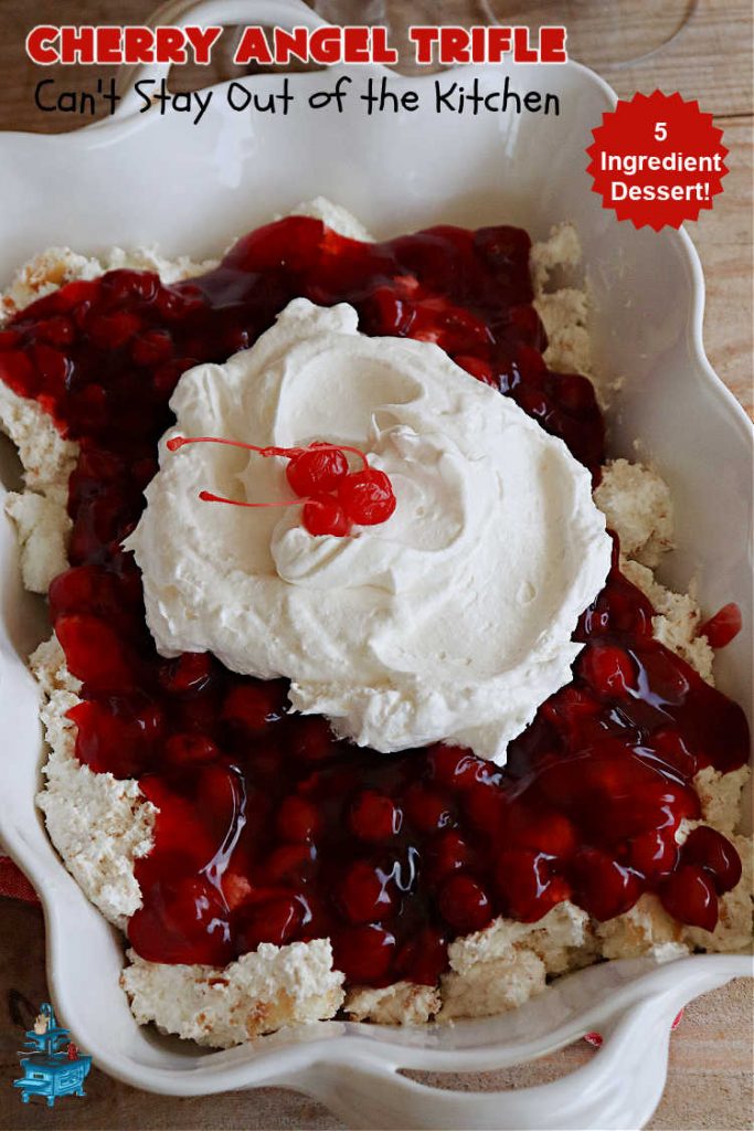 Cherry Angel Trifle | Can't Stay Out of the Kitchen | If you want a rave #dessert to make for the #holidays, this is it! This scrumptious, swoon-worthy #5IngredientRecipe is all you could ask for in a #CherryDessert. Whip it up in 10 minutes & your family & friends will drool for days! #CherryPieFilling #AngelFoodCake #CreamCheese #HolidayDessert #CherryAngelDessert #CherryAngelTrifle