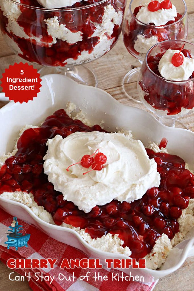 Cherry Angel Trifle | Can't Stay Out of the Kitchen | If you want a rave #dessert to make for the #holidays, this is it! This scrumptious, swoon-worthy #5IngredientRecipe is all you could ask for in a #CherryDessert. Whip it up in 10 minutes & your family & friends will drool for days! #CherryPieFilling #AngelFoodCake #CreamCheese #HolidayDessert #CherryAngelDessert #CherryAngelTrifle