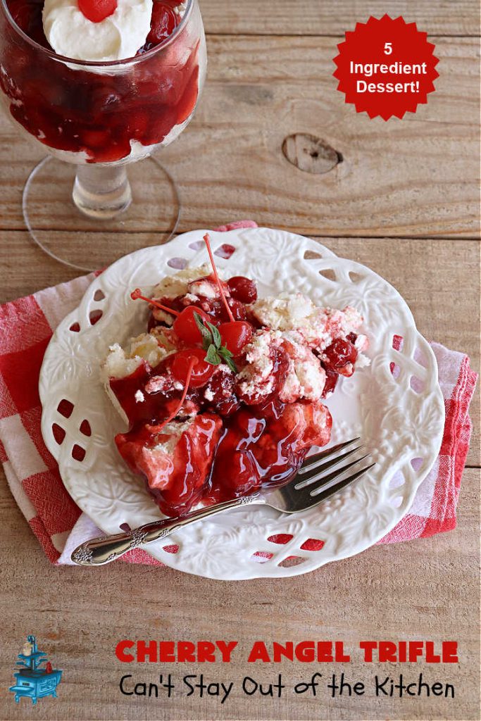 Cherry Angel Trifle | Can't Stay Out of the Kitchen | If you want a rave #dessert to make for the #holidays, this is it! This scrumptious, swoon-worthy #5IngredientRecipe is all you could ask for in a #CherryDessert. Whip it up in 10 minutes & your family & friends will drool for days! #CherryPieFilling #AngelFoodCake #CreamCheese #HolidayDessert #CherryAngelDessert #CherryAngelTrifle