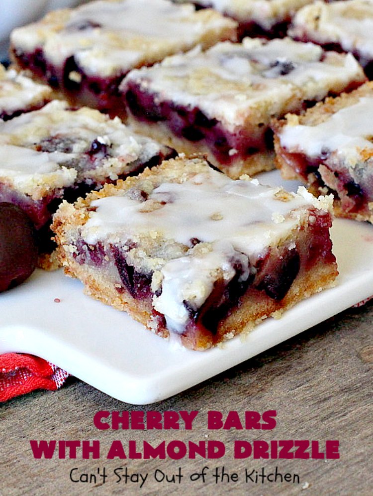 Cherry Bars with Almond Drizzle | Can't Stay Out of the Kitchen | these delicious #cookies will have you drooling after the first bite! The #almond drizzle on top is to die for. #dessert #cherries #LaborDay #cherrydessert #LaborDayDessert