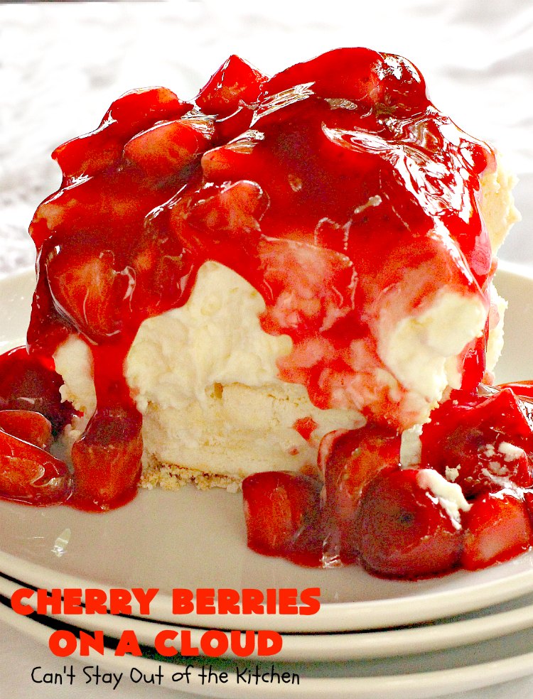 Cherry Berries On A Cloud | Can't Stay Out of the Kitchen | Prepare to wow your guests with this awesome, decadent #dessert! It has a meringue crust, #cheesecake layer with #marshmallows & topped with a #cherry & #strawberry glaze. It's perfect for #holidays like #Christmas, #ValentinesDay or special occasions.
