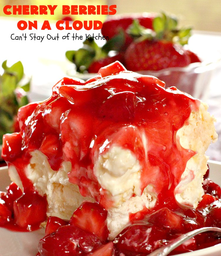 Cherry Berries On A Cloud | Can't Stay Out of the Kitchen | Prepare to wow your guests with this awesome, decadent #dessert! It has a meringue crust, #cheesecake layer with #marshmallows & topped with a #cherry & #strawberry glaze. It's perfect for #holidays like #Christmas, #ValentinesDay or special occasions.