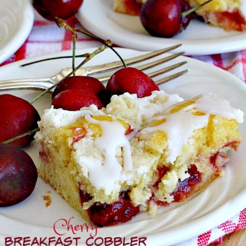 Cherry Breakfast Cobbler | Can't Stay Out of the Kitchen | We love this fabulous #coffeecake. It's so easy & a family favorite. It starts with a #cakemix and uses #cherrypiefilling. It's great for a #holiday #breakfast, too.