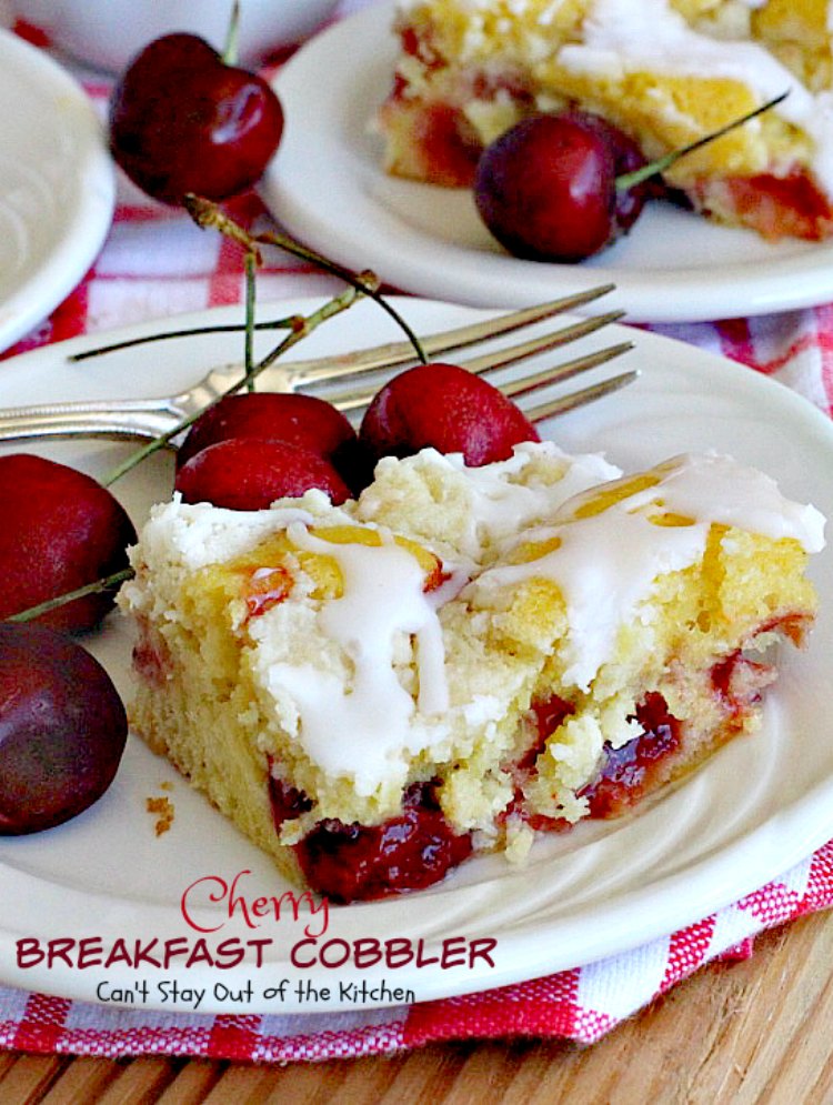 Cherry Breakfast Cobbler | Can't Stay Out of the Kitchen | We love this fabulous #coffeecake. It's so easy & a family favorite. It starts with a #cakemix and uses #cherrypiefilling. It's great for a #holiday #breakfast, too.