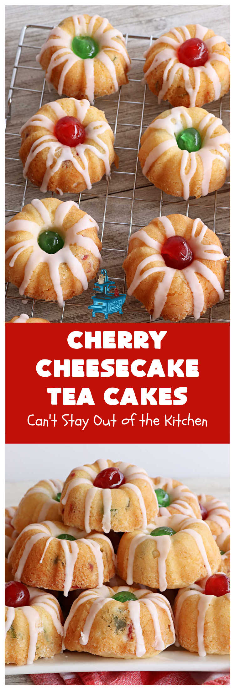 Cherry Cheesecake Tea Cakes | Can't Stay Out of the Kitchen | These miniature #Bundt #cakes will knock your socks off! They're filled with red & green #cherries & flavored with #almond extract, #CreamCheese & #Cheesecake #PuddingMix. Great #holiday or #Christmas #dessert. #CherryDessert #HolidayDessert #TeaCakes #CherryCheesecakeTeaCakes
