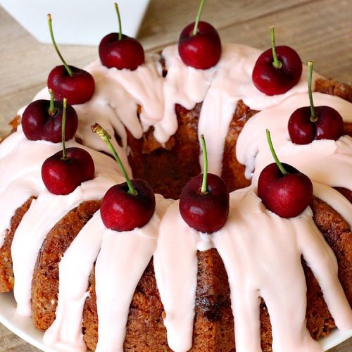 Cherry Chip Cake | Can't Stay Out of the Kitchen | this #dessert is rich & decadent. It uses #FreshCherries & #VanillaChips which dissolve into the #cake while #baking. The flavors of #cherry & #vanilla just pop in this heavenly cake. Make it now while #cherries are in season! #CakeMix #CherryChipCake #CherryChipCakeMix #CherryDessert #FreshCherryCake #Canbassador #NWCherries #NorthwestCherryGrowers