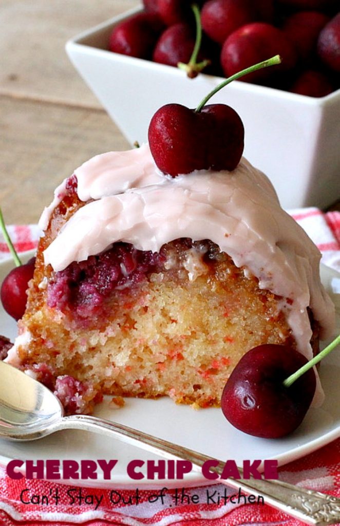Cherry Chip Cake | Can't Stay Out of the Kitchen | this #dessert is rich & decadent. It uses #FreshCherries & #VanillaChips which dissolve into the #cake while #baking. The flavors of #cherry & #vanilla just pop in this heavenly cake. Make it now while #cherries are in season! #CakeMix #CherryChipCake #CherryChipCakeMix #CherryDessert #FreshCherryCake #Canbassador #NWCherries #NorthwestCherryGrowers