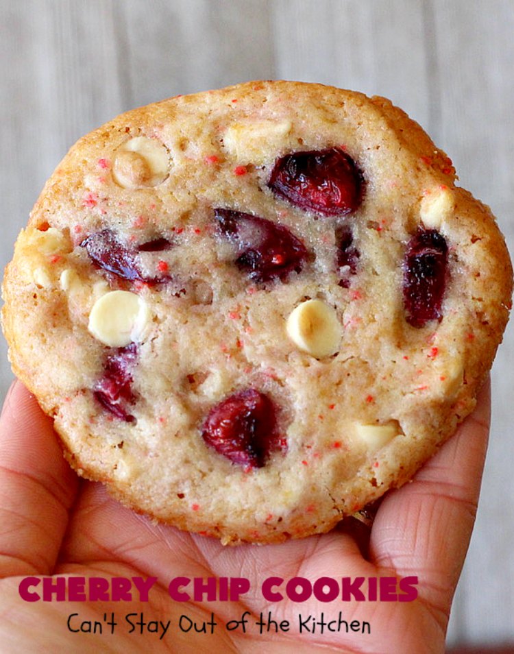 Cherry Chip Cookies | Can't Stay Out of the Kitchen | these fantastic 5-ingredient #cookies use #FreshCherries & #VanillaChips. They are totally awesome & a wonderful #summer #dessert when #cherries are in season. #FourthOfJuly #holiday #HolidayDessert #CherryDessert #CherryCookies CherryChipCookies #Canbassador #NWCherries #NorthWestCherryGrowers