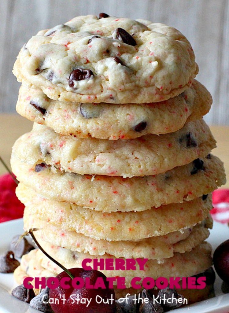 Cherry Chocolate Cookies | Can't Stay Out of the Kitchen | these delightful #cookies use only 4 ingredients! Yet they pack a powerful punch from the #CherryChipCakeMix & #ChocolateChips. Every bite will have you drooling. #chocolate #dessert #CherryCakeMix #CherryDessert #ChocolateDessert #CherryChocolateCookies #tailgating #fall #ChristmasCookieExchange #FallBaking #holidays #HolidayBaking