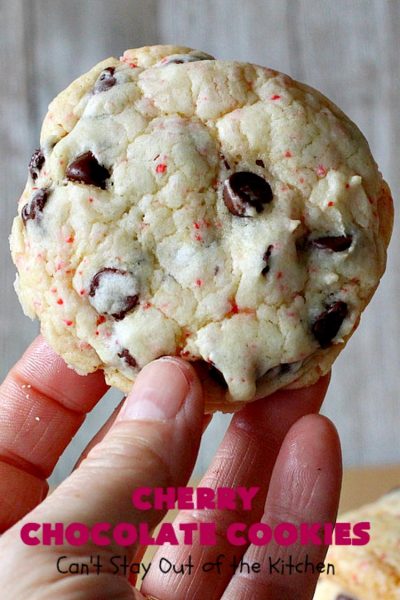 Cherry Chocolate Cookies | Can't Stay Out of the Kitchen | these delightful #cookies use only 4 ingredients! Yet they pack a powerful punch from the #CherryChipCakeMix & #ChocolateChips. Every bite will have you drooling. #chocolate #dessert #CherryCakeMix #CherryDessert #ChocolateDessert #CherryChocolateCookies #tailgating #fall #ChristmasCookieExchange #FallBaking #holidays #HolidayBaking