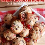 Cherry Chocolate Muffins | Can't Stay Out of the Kitchen | Every sweet tooth craving will be satisfied by one bite of these sensational #muffins. They're filled with #CandiedCherries & miniature #ChocolateChips. #Bananas & #applesauce keep the muffins moist. They're perfect for any #brunch or #breakfast #menu, as snacks to take to sports practices, for #tailgating parties or #potlucks. Everyone will want seconds. #chocolate #cherries #holiday #CherryMuffins #HolidayBreakfast #ChocolateMuffins #CherryChocolateMuffins