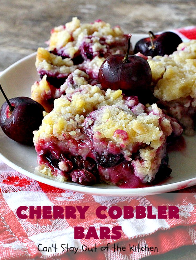 Cherry Cobbler Bars | Can't Stay Out of the Kitchen | this spectacular #cherry #dessert is filled with fresh #cherries & #almond extract in the filling and crust. It's ooey, gooey & so delicious for a summer dessert when cherries are in season. #cookies #cherrydessert #Canbassador #NorthwestCherryGrowers