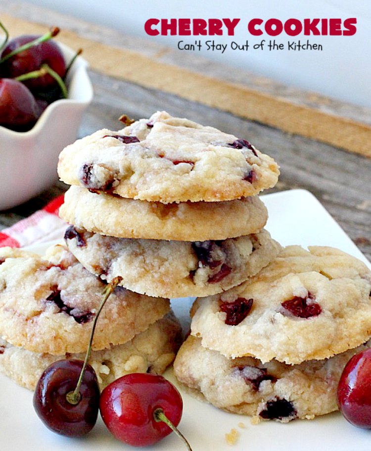 Cherry Cookies | Can't Stay Out of the Kitchen| these fantastic #cookies use fresh #cherries & #almond extract in a #sugarcookie dough. Perfect for summer treats when cherries are in season. #dessert