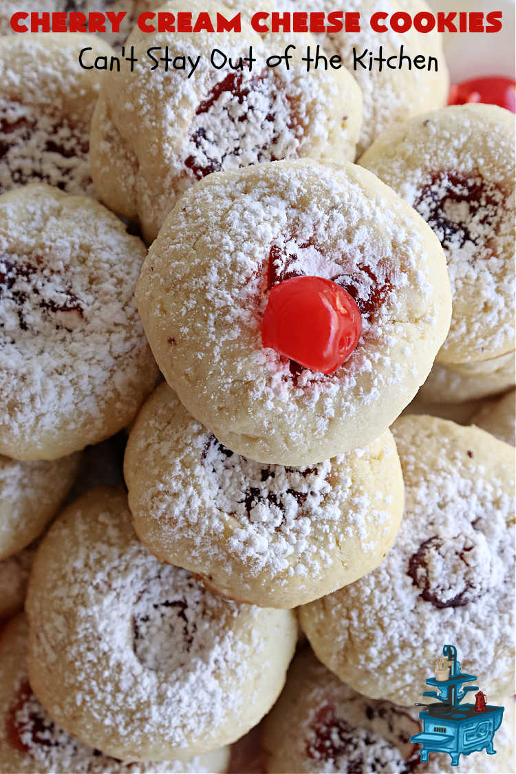 Cherry Cream Cheese Cookies | Can't Stay Out of the Kitchen | #CherryCreamCheeseCookies are a fantastic #dessert to make for #holiday #baking & #ChristmasCookieExchanges. These lovely #ThumbprintCookies are filled with #CherryPreserves with just a hint of #lemon. Your friends & family will love these sweet treats! #cookies #Cherries #CherryCookies #CreamCheese