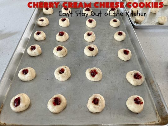 Cherry Cream Cheese Cookies | Can't Stay Out of the Kitchen | #CherryCreamCheeseCookies are a fantastic #dessert to make for #holiday #baking & #ChristmasCookieExchanges. These lovely #ThumbprintCookies are filled with #CherryPreserves with just a hint of #lemon. Your friends & family will love these sweet treats! #cookies #Cherries #CherryCookies #CreamCheese