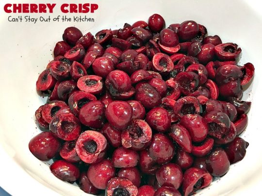 Cherry Crisp | Can't Stay Out of the Kitchen | this fantastic #recipe is the perfect #dessert now that #FreshCherries are in season. It's flavored with #AlmondExtract & has a delightful #Oatmeal topping. Terrific for potlucks, backyard barbecues & summer #holiday fun like #FourthOfJuly. #cherries #CherryCrisp #CherryDessert #HolidayDessert #NorthwestCherries #NorthwestCherryGrowers #NWCherries #Canbassador #NWCherryGrowers