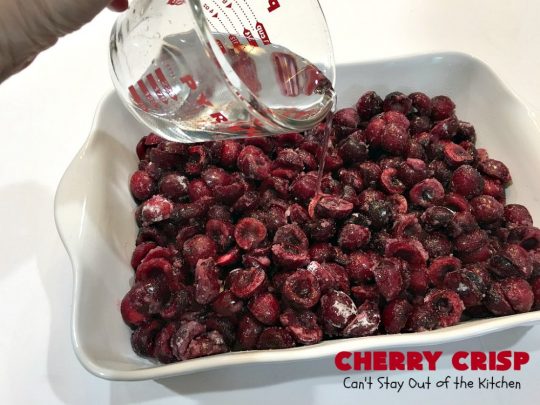 Cherry Crisp | Can't Stay Out of the Kitchen | this fantastic #recipe is the perfect #dessert now that #FreshCherries are in season. It's flavored with #AlmondExtract & has a delightful #Oatmeal topping. Terrific for potlucks, backyard barbecues & summer #holiday fun like #FourthOfJuly. #cherries #CherryCrisp #CherryDessert #HolidayDessert #NorthwestCherries #NorthwestCherryGrowers #NWCherries #Canbassador #NWCherryGrowers