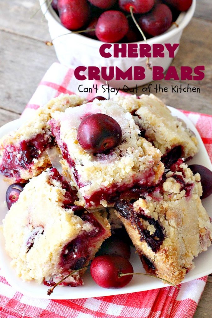 Cherry Crumb Bars | Can't Stay Out of the Kitchen | These mouthwatering bar-type #cookies are so spectacular. I guarantee you'll be drooling after the first bite! Terrific for summer #potlucks or #holidays when fresh #cherries are in season. #dessert #cherrydessert #Canbassador #NorthwestCherryGrowers