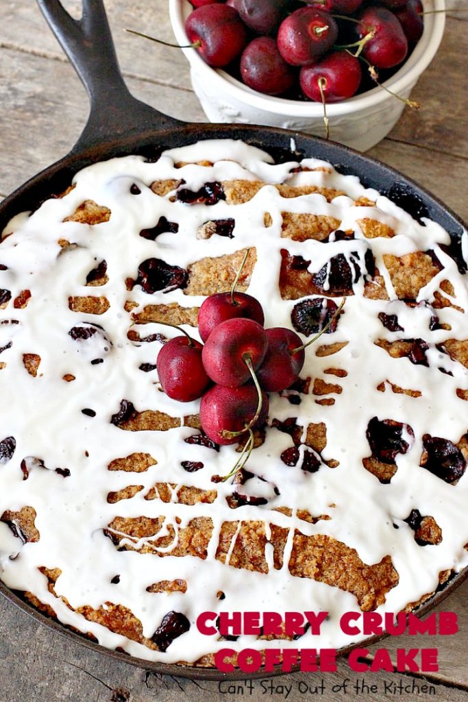 Cherry Crumb Coffee Cake | Can't Stay Out of the Kitchen | this fantastic #cake is filled with fresh #cherries, topped with a streusel topping & glazed with an #almond powdered sugar icing. Terrific for a summer #dessert or #breakfast #coffeecake when cherries are in season. #Canbassador #NorthwestCherryGrowers