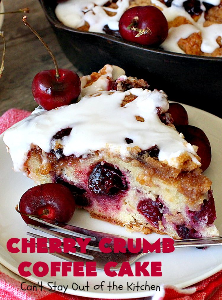 Cherry Crumb Coffee Cake | Can't Stay Out of the Kitchen | this fantastic #cake is filled with fresh #cherries, topped with a streusel topping & glazed with a powdered sugar icing. Terrific for a summer #dessert or #breakfast #coffeecake when cherries are in season. #Canbassador #NorthwestCherryGrowers