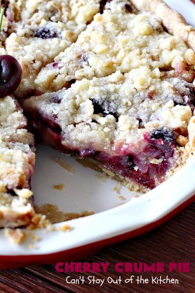 Cherry Crumb Pie | Can't Stay Out of the Kitchen | My Mom's delicious #recipe. This #pie is so drool-worthy & mouthwatering you'll be hard pressed to stay out of it! Perfect for a #summer #dessert when #FreshCherries are in season. #FourthOfJuly #Cherries #CherryPie #CherryCrumbPie #CherryDessert #Canbassador #NWCherries #NorthwestCherryGrowers