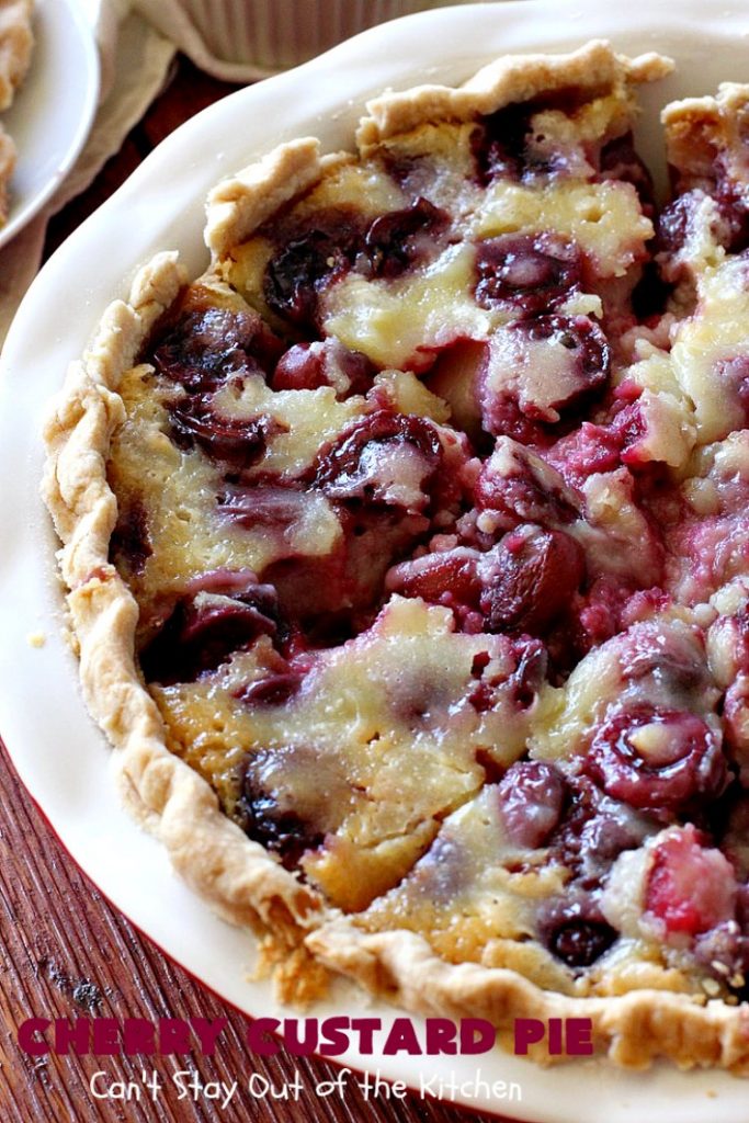 Cherry Custard Pie | Can't Stay Out of the Kitchen | try this irresistible #recipe as an alternative to traditional #CherryPie. It's rich, decadent & mouthwatering. Marvelous #dessert for the #summer when #FreshCherries are in season. #Custard #CherryCustardPie #CherryDessert #NWCherries #NorthwestCherryGrowers #Canbassador