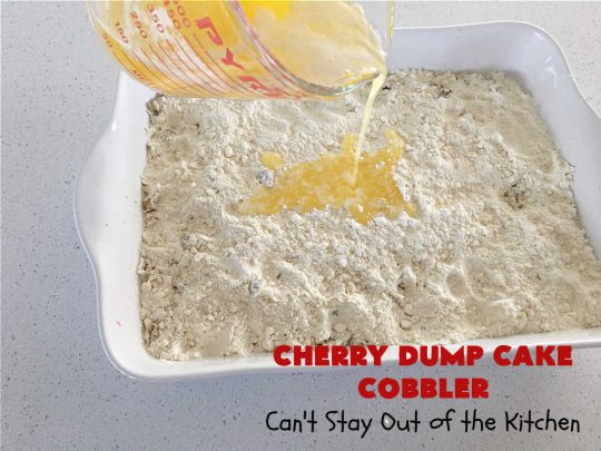 Cherry Dump Cake Cobbler | Can't Stay Out of the Kitchen | this fantastic #cobbler features #CherryPieFilling & #pineapple along with #walnuts & #coconut. Since it's a #DumpCake the recipe is layered and dumped out into the baking dish. So easy & only 6 ingredients! #CherryCobbler #CherryDumpCakeCobbler