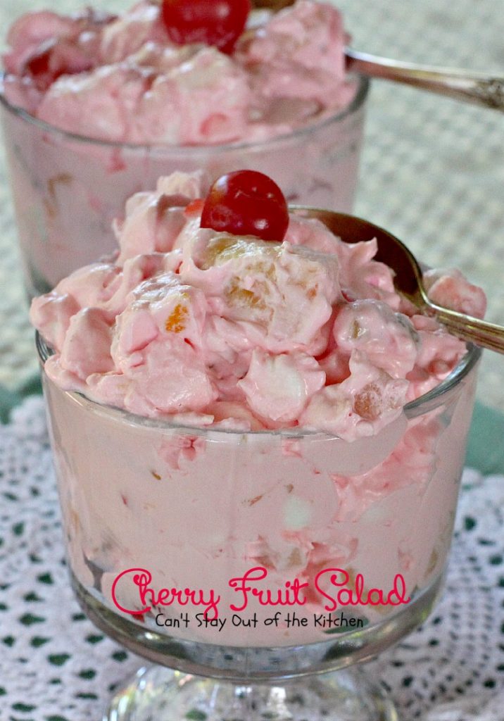 Cherry Fruit Salad | Can't Stay Out of the Kitchen | my husband's favorite #salad recipe. Sweet enough to serve as a #dessert! #fruitsalad #cherries