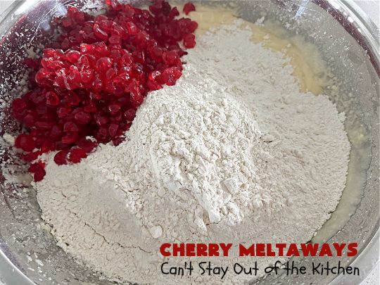 Cherry Meltaways | Can't Stay Out of the Kitchen | #CherryMeltaways are so irresistible & mouthwatering. These festive & beautiful #cookies seem to just melt in the mouth! This #dessert includes #CandiedCherries & #almond extract to bump up the flavors. Perfect for #holiday & #Christmas parties since each batch makes about 5 1/2 dozen. #CherryDessert #HolidayDessert #cherries #ChristmasCookieExchange