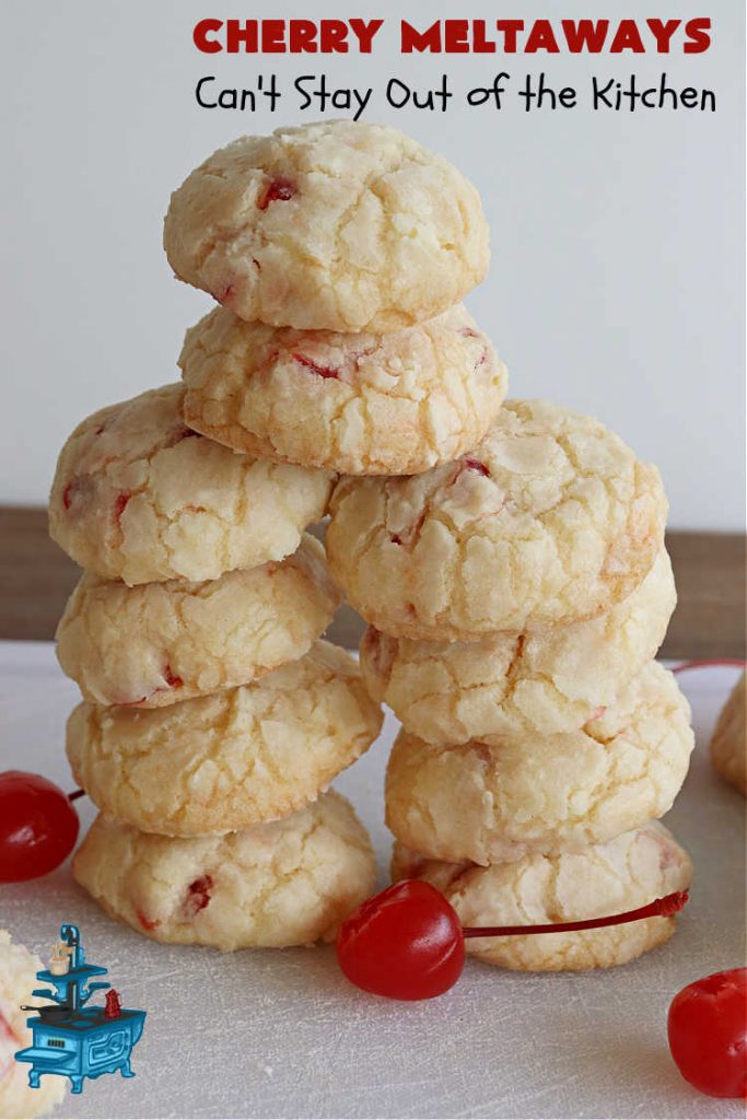 Cherry Meltaways | Can't Stay Out of the Kitchen | #CherryMeltaways are so irresistible & mouthwatering. These festive & beautiful #cookies seem to just melt in the mouth! This #dessert includes #CandiedCherries & #almond extract to bump up the flavors. Perfect for #holiday & #Christmas parties since each batch makes about 5 1/2 dozen. #CherryDessert #HolidayDessert #cherries #ChristmasCookieExchange
