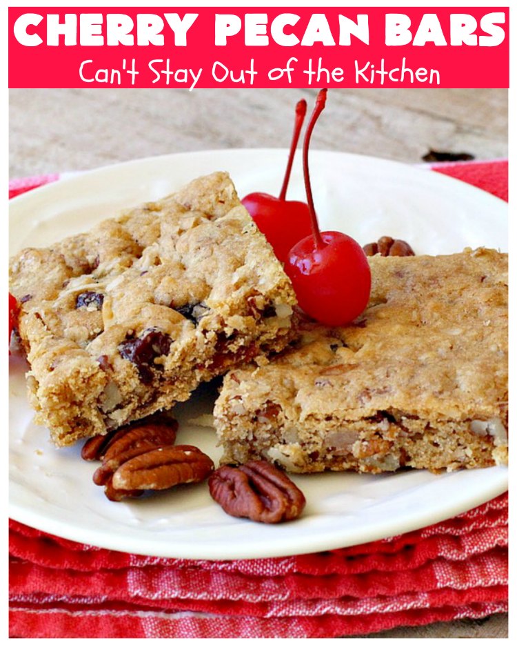 Cherry Pecan Bars | Can't Stay Out of the Kitchen | these crunchy bar-type #cookies are sensational. Perfect for backyard BBQs, potlucks, #tailgating or office parties or summer #holidays. #cherries #coconut #DriedCherries #pecans #brownie #dessert #CherryDessert #HolidayDessert #CherryPecanBars